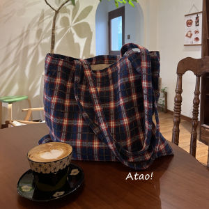 Retro Artistic British Plaid Canvas Bag Large Capacity Shoulder Crossbody Bag for Women Autumn Winter Commuter Tote Bag