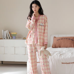 MiiOW | Bộ đồ ngủ dài tay cổ chữ V bằng cotton nguyên chất cho nữ Bộ đồ mặc nhà thoải mái dễ thương mùa thu MiiOW Cat Person