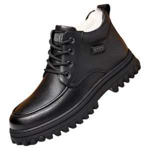 Mens Winter Fleece Lined Warm Cotton Leather Shoes Thickened Wool Blend Casual High Top Boots Soft Bottom Anti Slip Dad Shoes