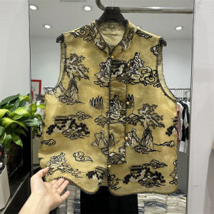 New Chinese Style Heavy Embroidery Vest Womens Summer New Fashion Sleeveless Stand Collar Top Quality Polyester Fiber