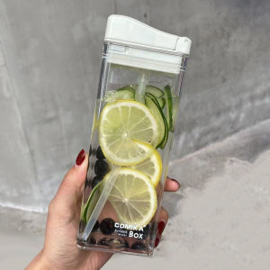 Comika Super Flat Straw Cup High Aesthetic Value Rectangular Coffee Cup Transparent Cup for Outdoor Carry Plastic Water Bottle