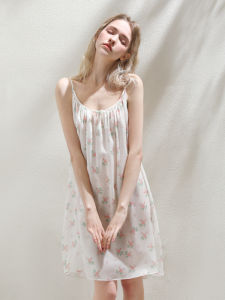 XEXZ | Sweet Home Style Ice Silk Nightgown With Fresh Print Strap Sleep Dress Cool Feeling Tencel Fiber No Sleeve Round Neck Design