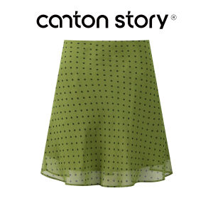 Cantonstory | Chân Váy Voan Chấm Bi Xanh Pháp Cao Waist A-Line Mid-Length
