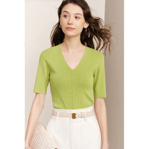 AMII | Summer New Style Slim Fit V-Neck 3/4 Sleeve Ice Yarn White Knit Top