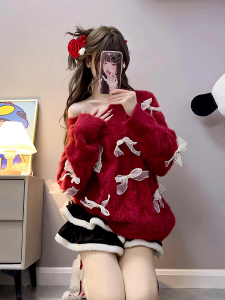 Đỏ Áo Len Dệt Kim Nữ Rộng Rãi Phù Hợp Với Giáng Sinh Năm Mới Thiết Kế Nút Bướm Phong Cách Lười Biếng Kiểu Pháp Mùa Thu Mùa Đông Ấm Áp Nhiệt Áo