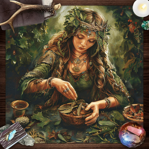 ผ้าปูโต๊ะวิสุทธิ์ลายเทพธิดาแห่งป่าสมุนไพรสำหรับฮาโลวีนและคริสต์มาส ผ้าปูโต๊ะสำหรับพิธีกรรม ผ้าปูโต๊ะสำหรับทำนายไพ่ทาโรต์ ของตกแต่งบ้าน