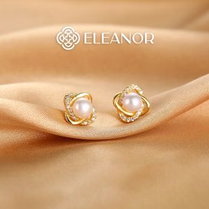 Bông tai nữ chuôi bạc 925 Eleanor Accessories khuyên tai đính đá viền xoắn ngọc trai nhân tạo phụ kiện trang sức 3277