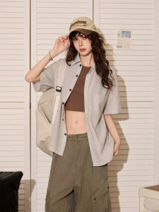 American Style Grey Striped Short Sleeve Polo Shirt Women Summer Loose Fit Shoulder Length Half Sleeve College Style Versatile Top