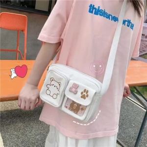 Túi Vải Canvas Nhật Bản Cổ Điển Nhỏ Thêu Hình Gấu Thiết Kế Trong Suốt Đeo Chéo Dành Cho Học Sinh Món Đồ Cá Tính Dễ Thương
