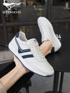 Septwolves Mens Flat Bottom Casual Shoes Waterproof Leather Sport Shoes Youth White Shoes Wear-resistant Travel Leather Shoes