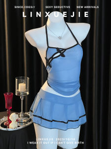 Blue Backless Chemise Nightgown with Strap Short Skirt Womens Underwear Traditional Chinese Style Cheongsam One-Piece Thin Fabric