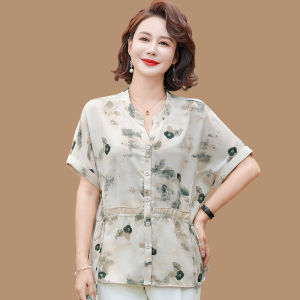 Mom Summer Clothes 2024 New Arrival Short-Sleeved Chiffon Shirt Middle-Aged and Elderly Womens Clothing Western Style Slimming T-shirt That Hides Your Belly Tops