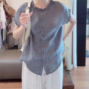 Shalldoer | French Unique Plaid Short Sleeve Shirt Women Loose Breathable Summer Top Patchwork Wood Grain Edge Small Flying Sleeve