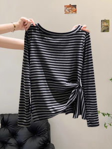 Áo Sơ Mi Nữ Tay Dài Kẻ Sọc Một Bên Vai Thắt Lưng Phong Cách Hàn Quốc Đầu Thu Thiết Kế Nhỏ Gọn Dễ Thương Áo Thun Dài Tay