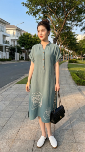 Ladyfashion06- Đầm suông thêu cổ trụ cao cấp DA054 - Form rộng thoải mái mặc mát cả ngày