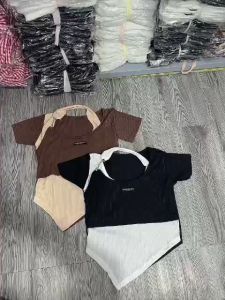 Áo Croptop kiểu tay ngắn phối màu VẠT NHỌN KIỂU YẾM TRÒNG CỔ PHỐI MÓC Ở CỔ Xinh Xắn - CRT01