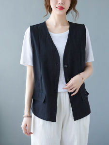 เสื้อกั๊กผ้าฝ้ายลินินสไตล์ย้อนยุคสำหรับผู้หญิงไซส์ใหญ่ ทรงหลวม แขนยาว คอวี กระดุมเดียว ฤดูใบไม้ผลิและฤดูร้อน