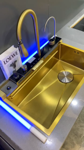 Emas LED Kitchen Sink Luxury 4 Tuts Stainless Steel 304 Wastafel dapur Lengkap