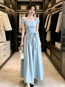 unifittoo | French Style Blue Square Neck Short Sleeve Summer Dress Long Skirt