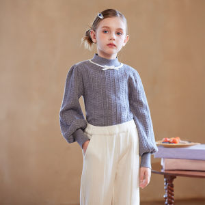 Little Naive | Knitted Bow Tie Contrast Color Girls Sweater