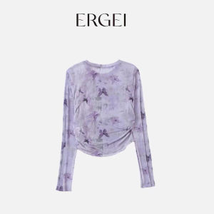 Ergive Womens Long Sleeve T-Shirt Mesh Base Shirt Summer Autumn Thin Print Purple round Neck Tie Dye Cover up Top