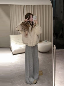 XUECAIQI | Korean Style Red Shearling Thick Warm Coat and Casual Pants Set