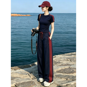 LIANGYILAILIN | Bộ Đồ Thể Thao Nữ Thời Trang Ôm Body Áo Tay Ngắn và Quần Ống Rộng