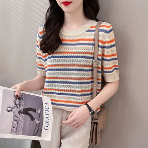 LUCKIN STORE Áo Nữ Áo Phông Ngắn Tay Áo Thun Nữ Dáng Rộng Sọc Hàn Quốc Chạm Khoét Mùa Hè Mới Cổ Tròn Áo Mỏng