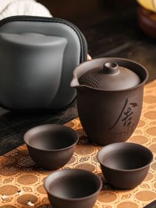 Portable Travel Purple Clay Tea Set Outdoor Camping Carving Ceramic Tea Pot with Six Cups Fast Guest Cup for Brewing Tea