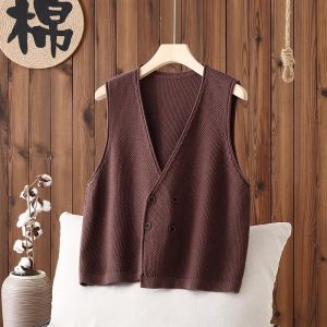 Spring and Autumn Clothing Short Vest Vest Womens Pure Color Cotton Thread Knitting Cardigan V Neck Vest Cardigan Loose Sleeveless Outer Wear