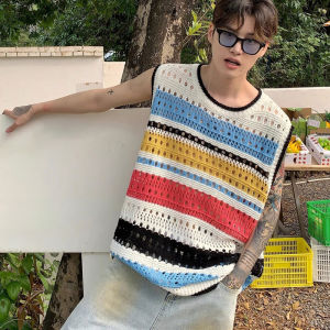 NLONKE Retro Contrasting Striped Knitted V-neck Summer Vest Korean Fashionfor mens