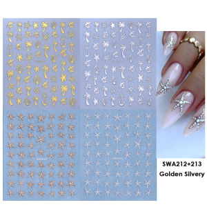 4pcs Bronzing Marine Life Nail Stickers Gold Silver Glitter Starfish Design Sliders Metal Sea Turtle Summer Decals Manicure Tips