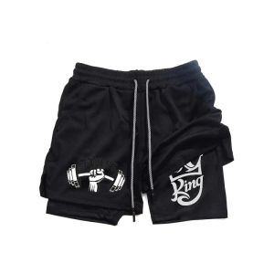 New Mens 2-in-1 Fitness Running Shorts Quick Drying Stretchy Athletic Training Fitness Shorts Breathable Double-deck Gym Shorts