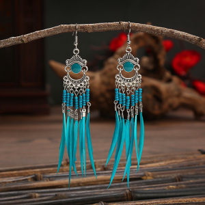 Bohemian Style S925 Silver Tassel Earrings Long Colorful Feather Accessories Ethnic Fashion Jewelry for Women Fresh Outlined
