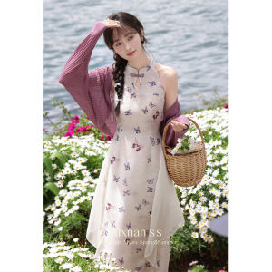 Đầm Mid-Length Cổ Trung Quốc Đính Nút Dây Ép Eo