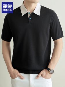 ROMON | Tencel Knit Summer Breathable Fashion Loose Contrast Collar Polo Shirt