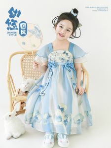 Youyou Girls Digital Print Hanfu Skirt Lightweight Breathable Embroidered Petal Short Sleeve Summer Fashion Childrens Dress