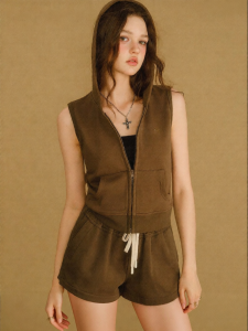 BANANA CICI | Fall New Style Vintage Worn Green Sleeveless Hoodie Vest