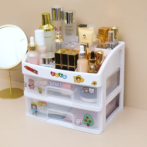 กล่องเก็บของทั่วไปพร้อมลิ้นชัก ลิ้นชักโต๊ะ อนุรักษ์สิ่งแวดล้อม อุปกรณ์เก็บของบนโต๊ะสําหรับเครื่องสําอาง (ส่งสติกเกอร์น่ารัก)