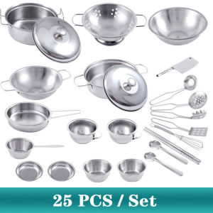 25Pcs Children Stainless Steel Pretend Play Food Kitchen Cookware Set Toy Mini Cooking Game Pot  Shovel Tinplate Kid Kitchen Toy