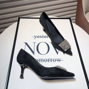 Fashionable Velvet High Heels Womens Korean Style New Version Diamond Embellished Square Buckle Pointed Toe Thin Heel Single Shoes