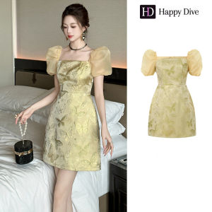 Happy Diva เดรสผู้หญิง เดรสสีเหลือง เดรสคอเหลี่ยม เดรสแขนพอง เดรสทำงาน เดรสไฮโซ เดรสวินเทจ เดรสออกงาน เดรสปาร์ตี้ ชุดราตรี 40449