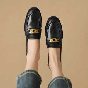Comfortable Soft Leather Bottom Retro Brown Loafers Womens Metal Buckle Thick Heel Flat British Style Small Leather Shoes