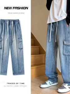 Men Denim American Fashion Brand High Street Handsome Vibe Large Pocket Overalls Fall Loose Straight Pants Men