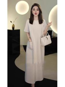 Slimming Effect Heavyweight Luxury Loose Fit Short Sleeve Commute Friendly Mid-Length Dress Comfortable A-Line Skirt