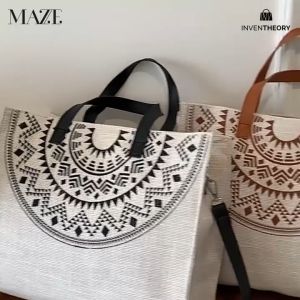 MAZE Geometric Aztec Canvas Tote Bag - Boho Chic Bohemian Beach Sling Handbag for Women