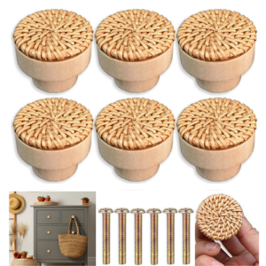 2/4/8/12 ชิ้น ลูกบิดจับทรงกลมแบบหวายถัก ด้ามจับไม้ สำหรับห้องครัว ห้องนั่งเล่น ห้องนอน ตู้เสื้อผ้า ตู้เก็บของ