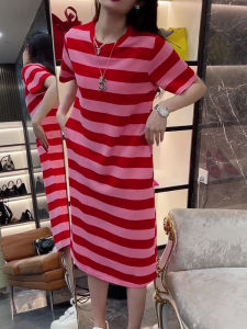 ชุดเดรสสั้นแขนสั้นลายทางสีแดงหลวมๆ สำหรับผู้หญิง ฤดูร้อน 2023 ชุดเดรสยาวทรงเอคอตุ้มแขนสั้นสไตล์เกาหลี