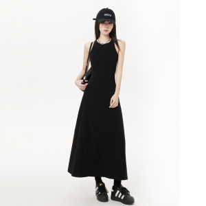 High Waist Sleeveless Cotton and Polyurethane Elastane Black Dress with Cross Back and Chest Pad Long A-Line Skirt for Women