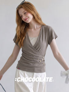 Patched V-Neck Waist-Tied Cross Design Button Decor T-Shirt